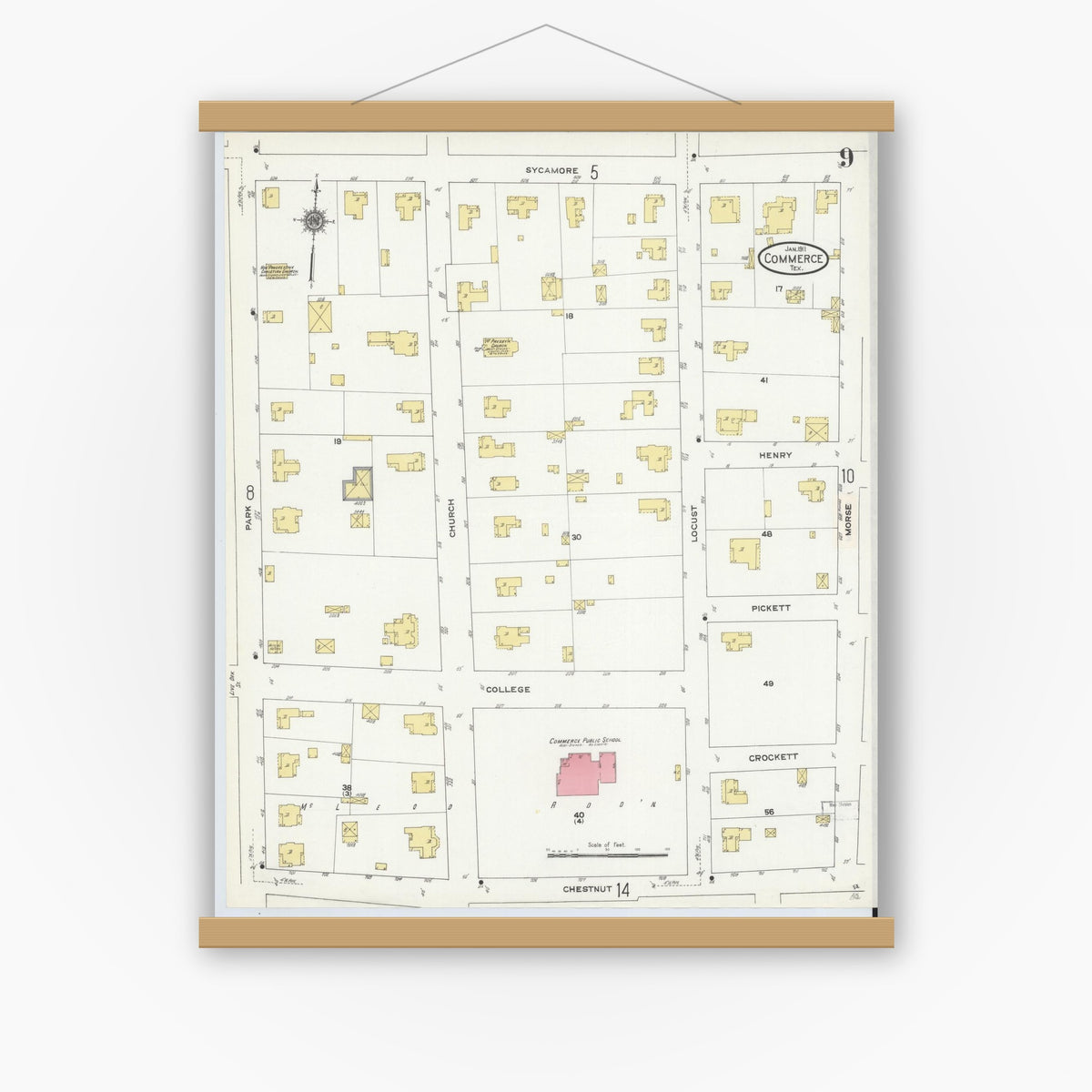 Old map wall art mockup — magnetic wood frame on white wall — Sanborn Fire Insurance Map from Commerce, Hunt County, Texas (1911), Sheet #0009