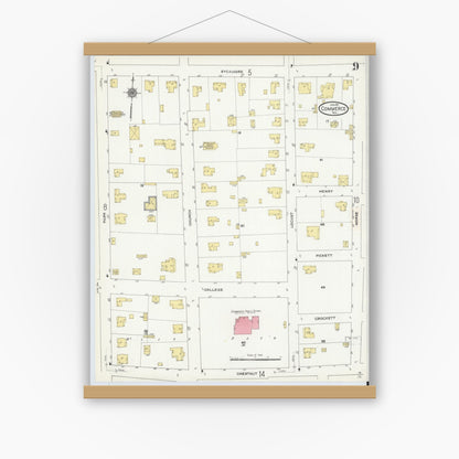 Old map wall art mockup — magnetic wood frame on white wall — Sanborn Fire Insurance Map from Commerce, Hunt County, Texas (1911), Sheet #0009