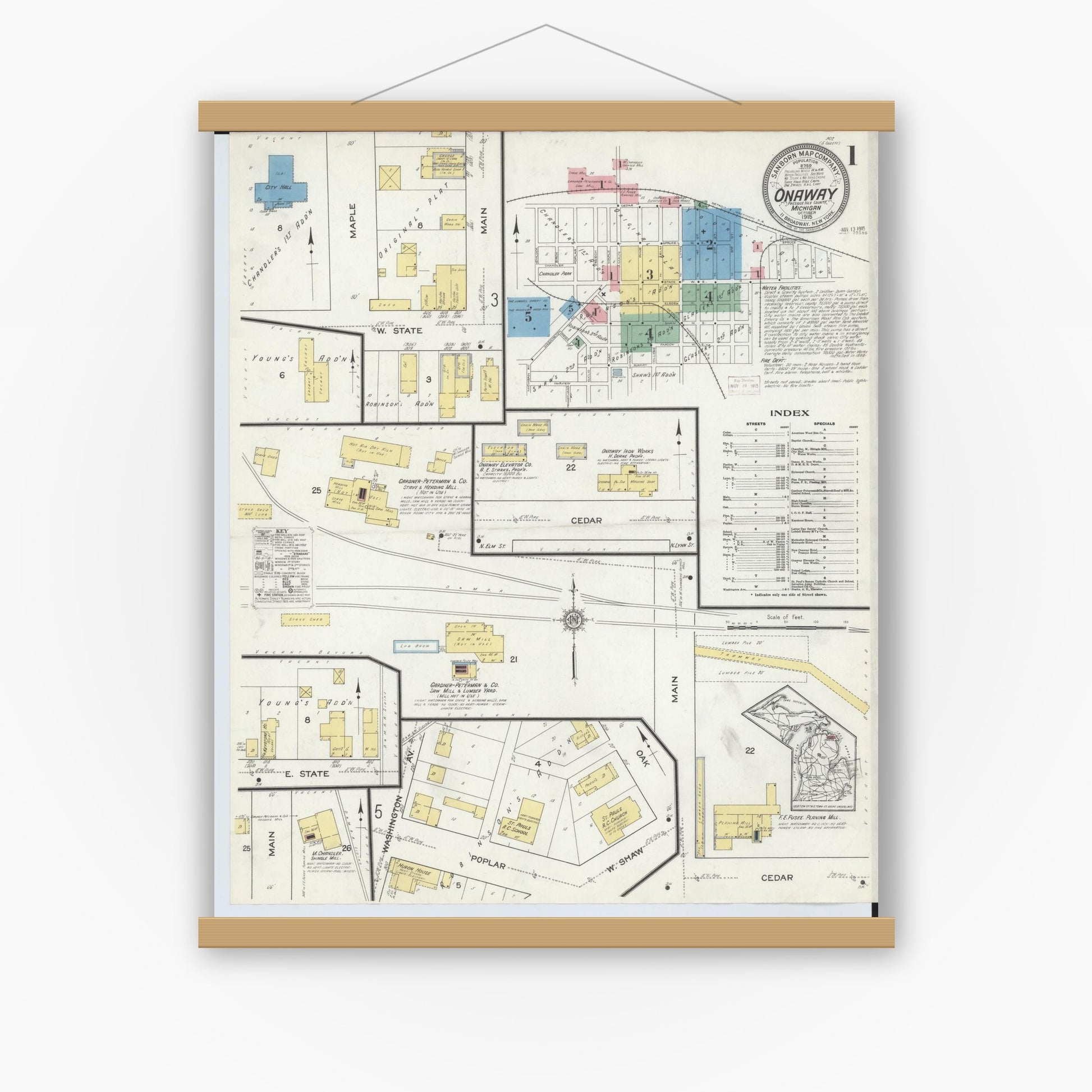 Old map wall art mockup — magnetic wood frame on white wall — Sanborn Fire Insurance Map from Onaway, Presque Isle County, Michigan (1915), Sheet #0001