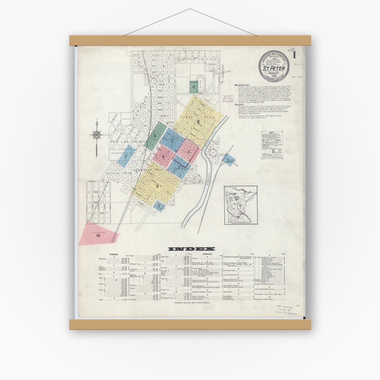 Old map wall art mockup — magnetic wood frame on white wall — Sanborn Fire Insurance Map from Saint Peter, Nicollet County, Minnesota (1914), Sheet #0001