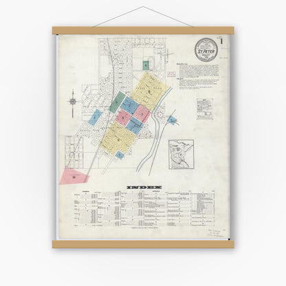 Old map wall art mockup — magnetic wood frame on white wall — Sanborn Fire Insurance Map from Saint Peter, Nicollet County, Minnesota (1914), Sheet #0001
