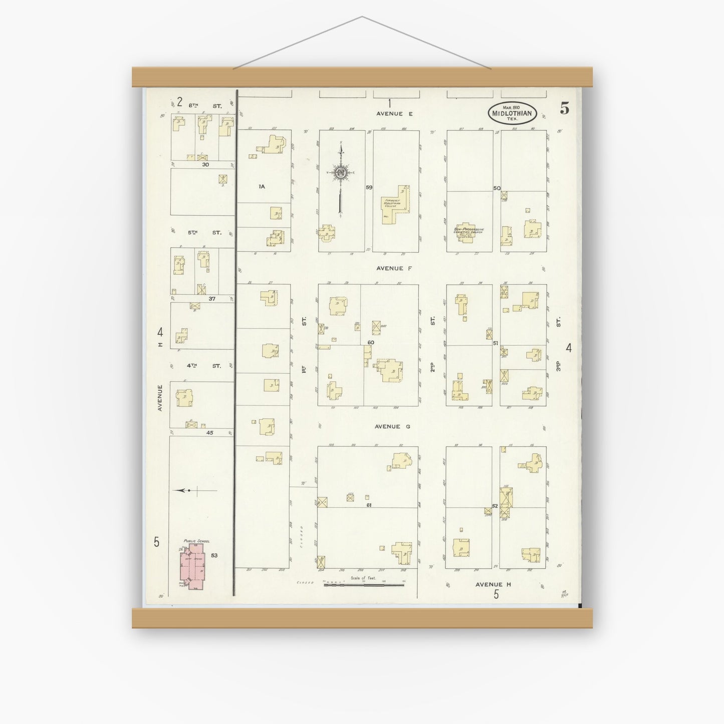 Old map wall art mockup — magnetic wood frame on white wall — Sanborn Fire Insurance Map from Midlothian, Ellis County, Texas (1910), Sheet #0005