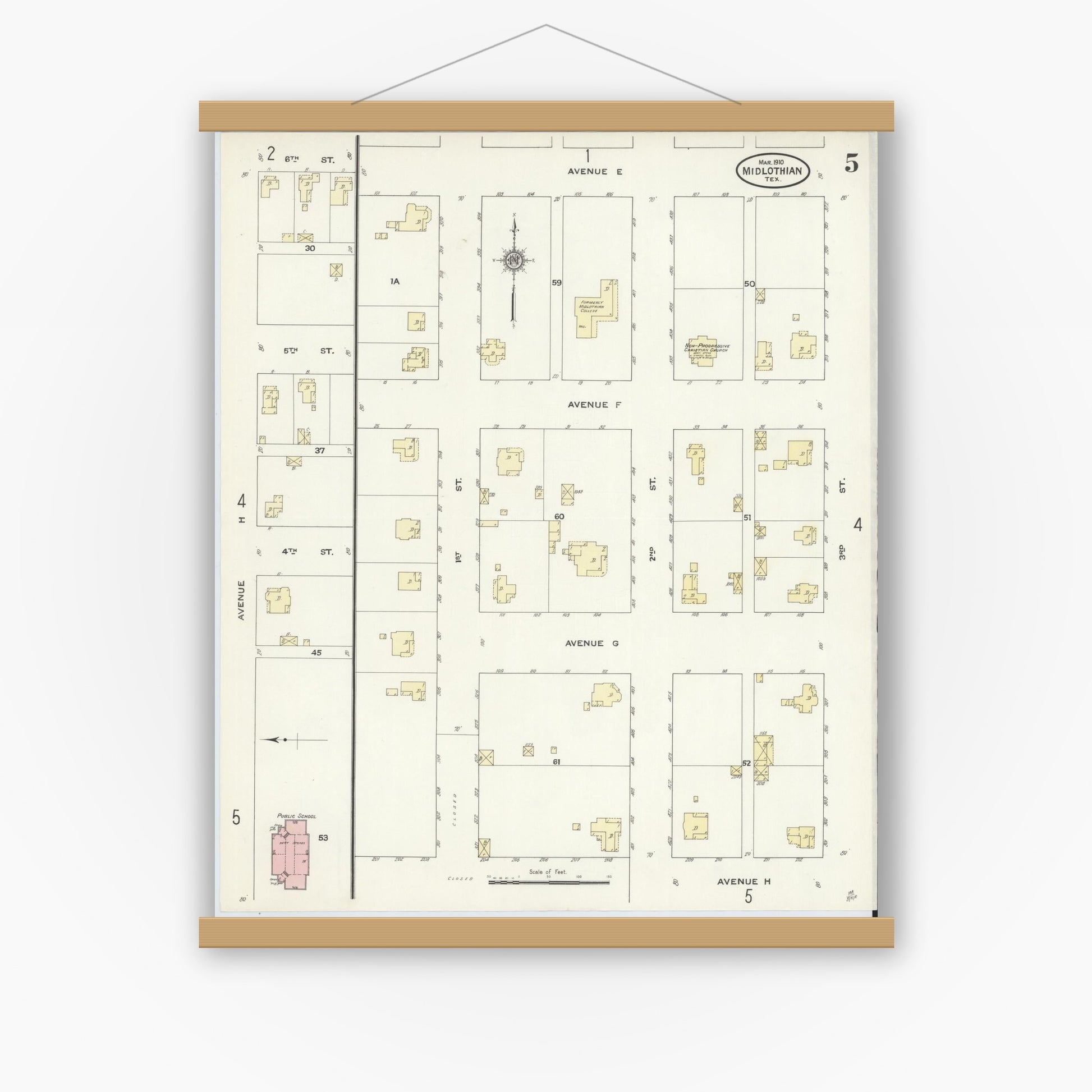 Old map wall art mockup — magnetic wood frame on white wall — Sanborn Fire Insurance Map from Midlothian, Ellis County, Texas (1910), Sheet #0005