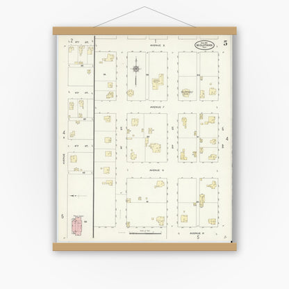 Old map wall art mockup — magnetic wood frame on white wall — Sanborn Fire Insurance Map from Midlothian, Ellis County, Texas (1910), Sheet #0005