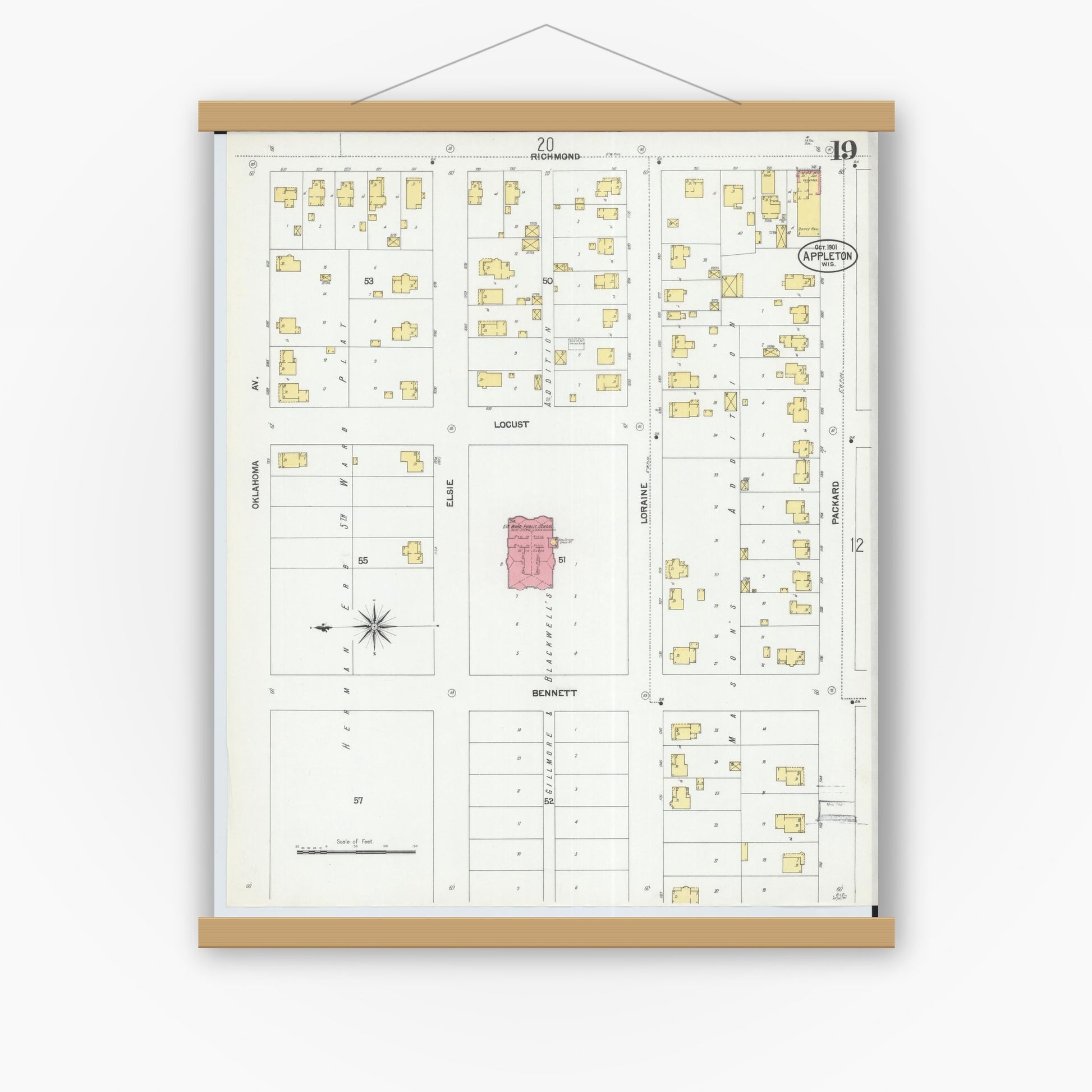 Old map wall art mockup — magnetic wood frame on white wall — Sanborn Fire Insurance Map from Appleton, Outagamie County, Wisconsin (1901), Sheet #0019