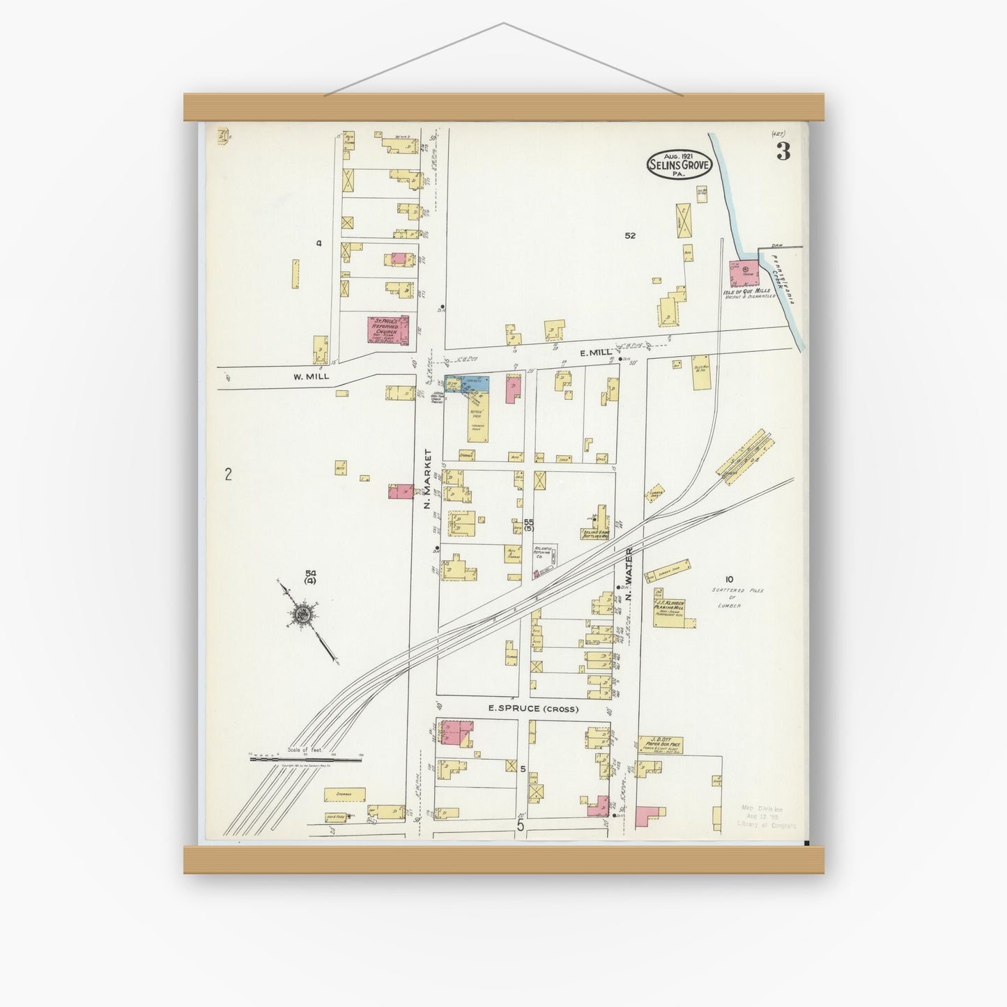Old map wall art mockup — magnetic wood frame on white wall — Sanborn Fire Insurance Map from Selins Grove, Snyder County, Pennsylvania (1921), Sheet #0003