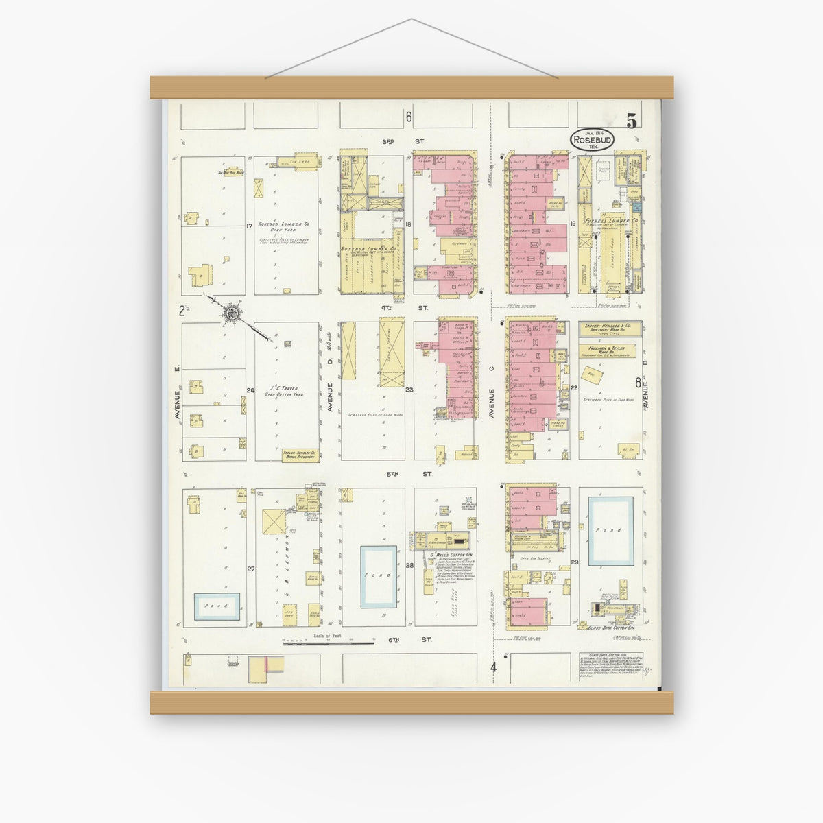 Old map wall art mockup — magnetic wood frame on white wall — Sanborn Fire Insurance Map from Rosebud, Falls County, Texas (1914), Sheet #0005