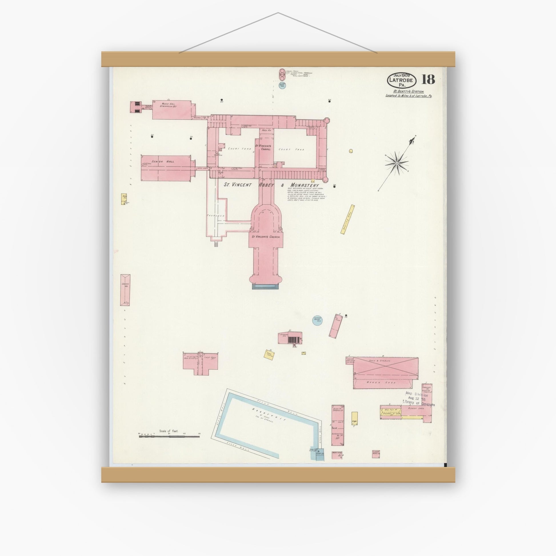 Old map wall art mockup — magnetic wood frame on white wall — Sanborn Fire Insurance Map from Latrobe, Westmoreland County, Pennsylvania (1909), Sheet #0018