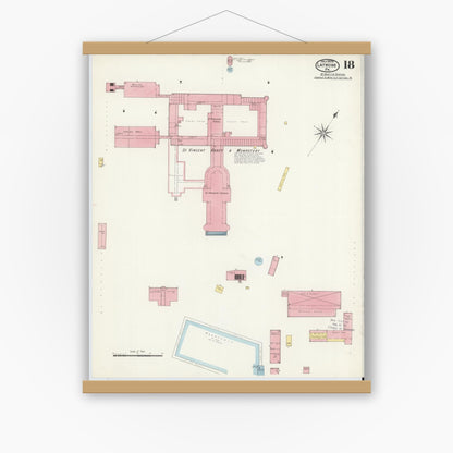 Old map wall art mockup — magnetic wood frame on white wall — Sanborn Fire Insurance Map from Latrobe, Westmoreland County, Pennsylvania (1909), Sheet #0018