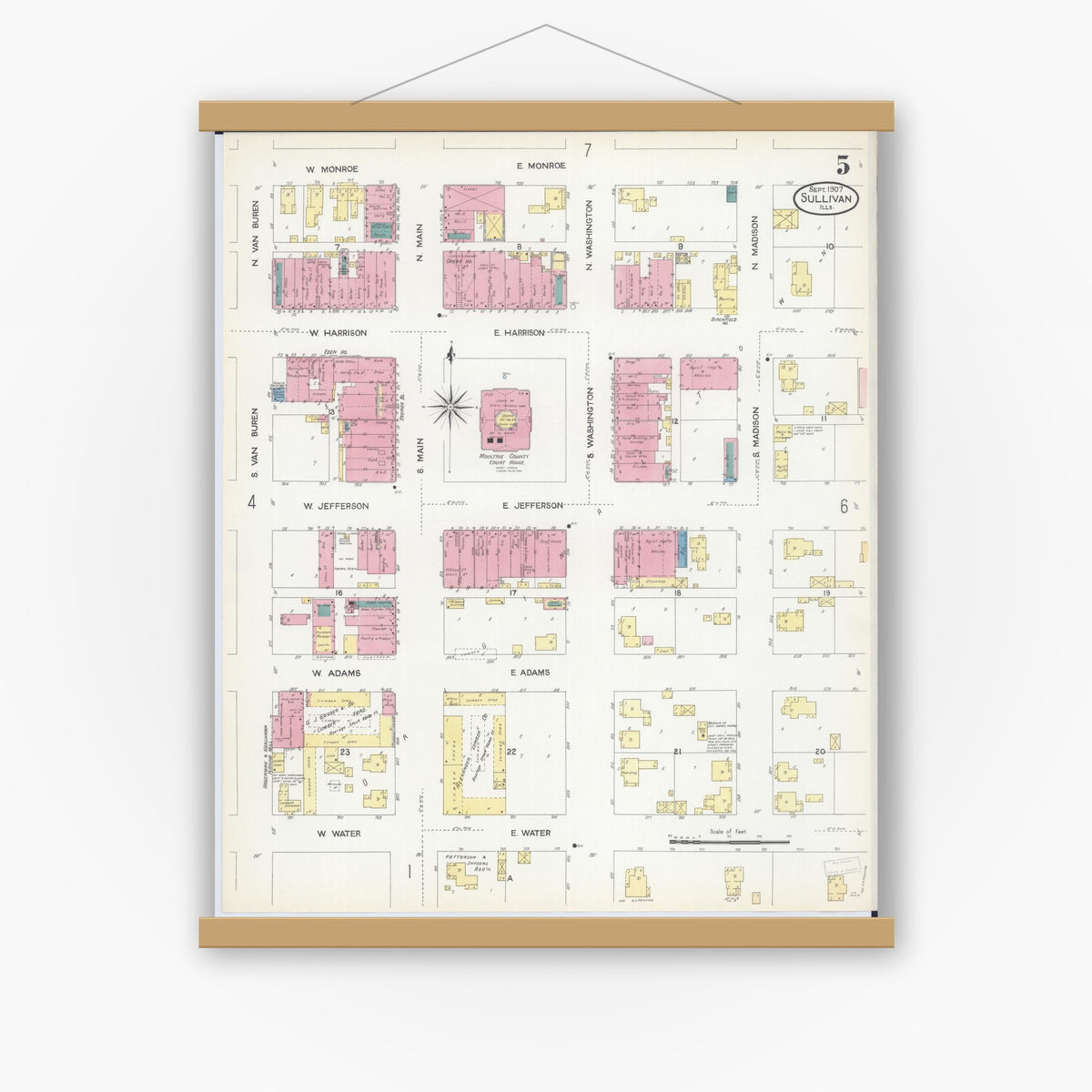Old map wall art mockup — magnetic wood frame on white wall — Sanborn Fire Insurance Map from Sullivan, Moultrie County, Illinois (1907), Sheet #0005