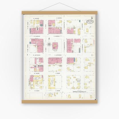 Old map wall art mockup — magnetic wood frame on white wall — Sanborn Fire Insurance Map from Sullivan, Moultrie County, Illinois (1907), Sheet #0005