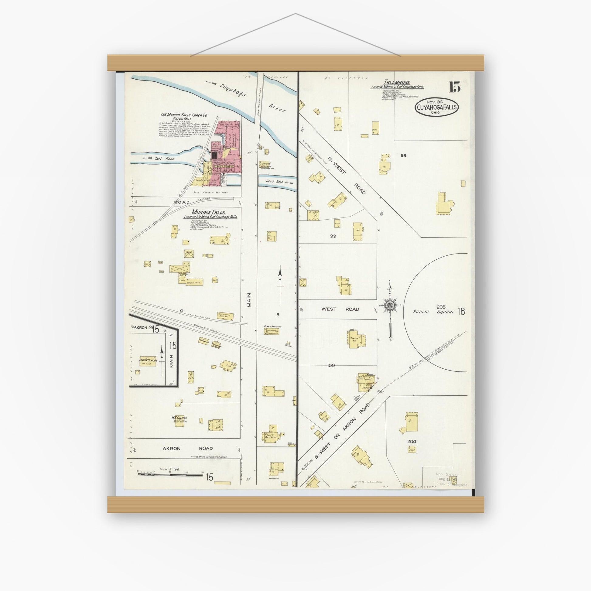Old map wall art mockup — magnetic wood frame on white wall — Sanborn Fire Insurance Map from Cuyahoga Falls, Summit County, Ohio (1916), Sheet #0015