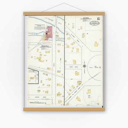 Old map wall art mockup — magnetic wood frame on white wall — Sanborn Fire Insurance Map from Cuyahoga Falls, Summit County, Ohio (1916), Sheet #0015