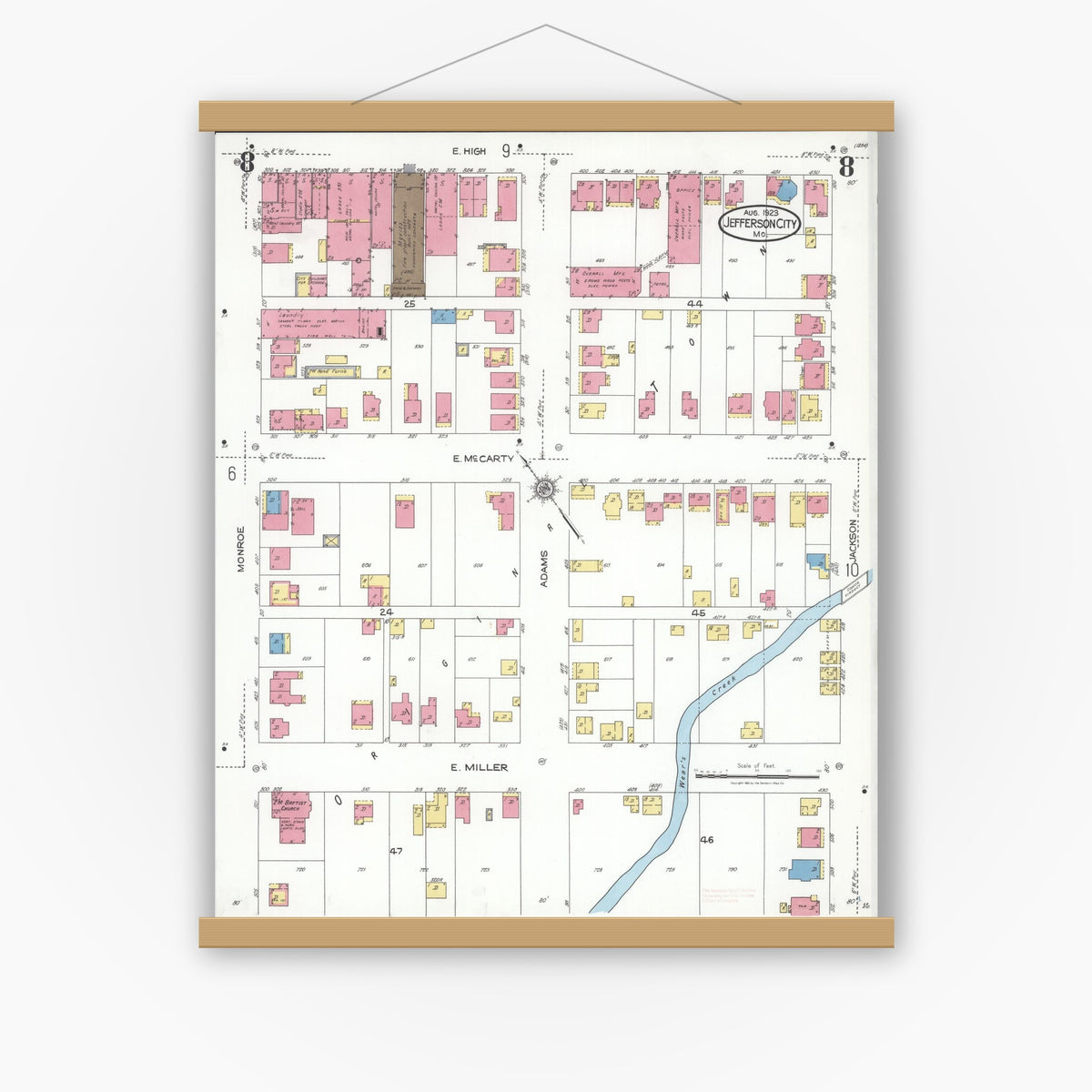 Old map wall art mockup — magnetic wood frame on white wall — Sanborn Fire Insurance Map from Jefferson City, Cole County, Missouri (1923), Sheet #0008