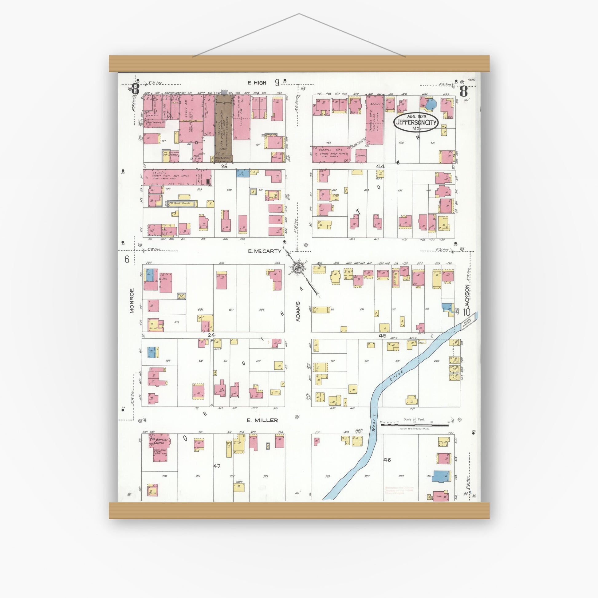 Old map wall art mockup — magnetic wood frame on white wall — Sanborn Fire Insurance Map from Jefferson City, Cole County, Missouri (1923), Sheet #0008