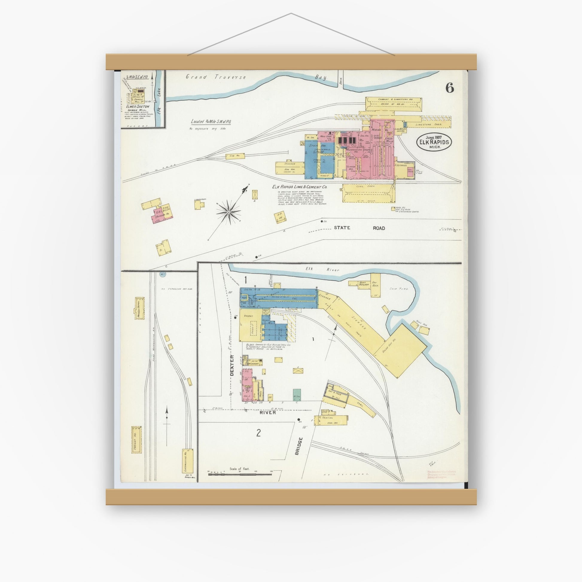 Old map wall art mockup — magnetic wood frame on white wall — Sanborn Fire Insurance Map from Elk Rapids, Antrim County, Michigan (1907), Sheet #0006