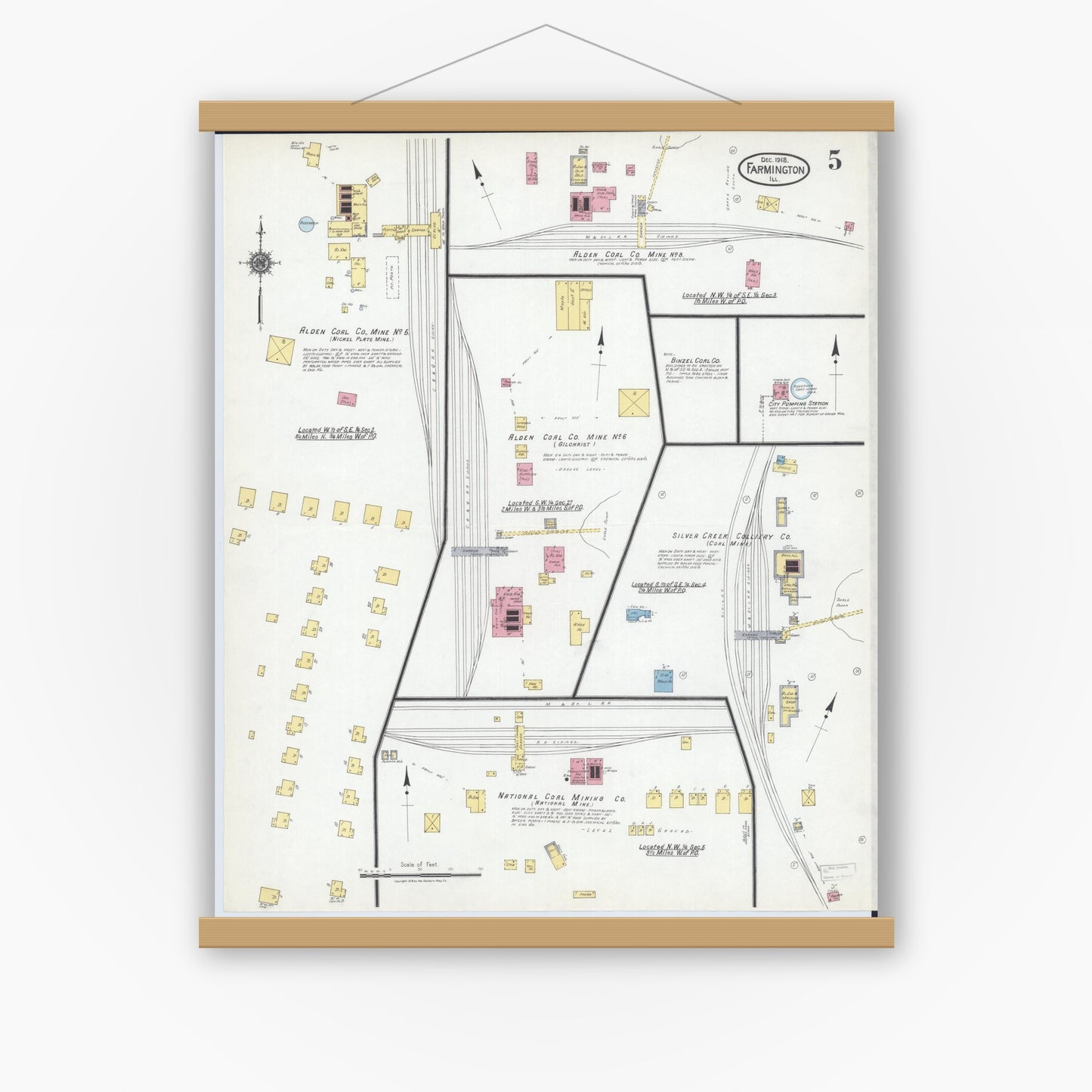 Old map wall art mockup — magnetic wood frame on white wall — Sanborn Fire Insurance Map from Farmington, Fulton County, Illinois (1918), Sheet #0005