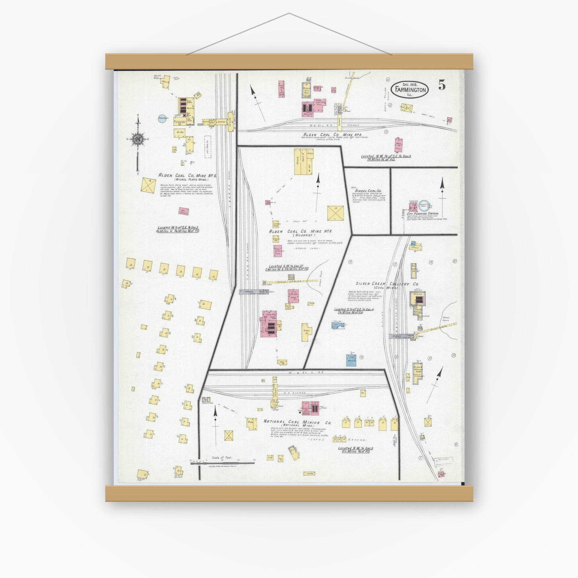 Old map wall art mockup — magnetic wood frame on white wall — Sanborn Fire Insurance Map from Farmington, Fulton County, Illinois (1918), Sheet #0005