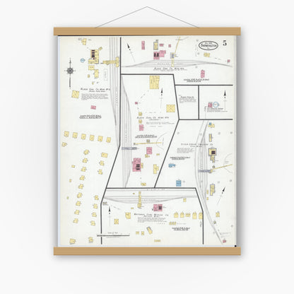 Old map wall art mockup — magnetic wood frame on white wall — Sanborn Fire Insurance Map from Farmington, Fulton County, Illinois (1918), Sheet #0005