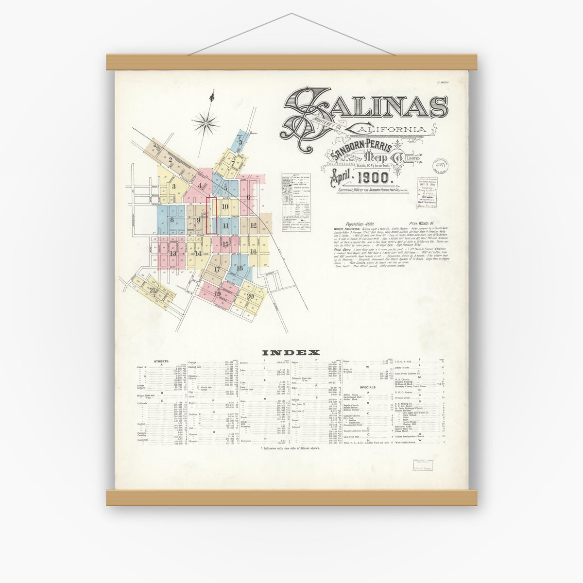 Old map wall art mockup — magnetic wood frame on white wall — Sanborn Fire Insurance Map from Salinas, Monterey County, California (1900) - Complete Map Set