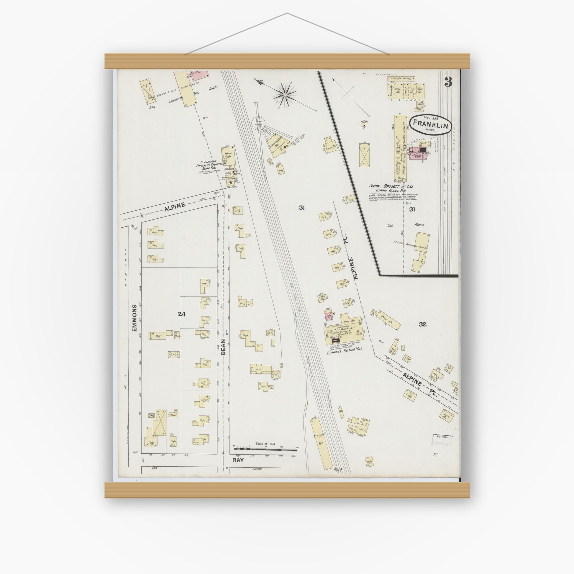 Old map wall art mockup — magnetic wood frame on white wall — Sanborn Fire Insurance Map from Franklin, Norfolk County, Massachusetts (1889), Sheet #0003