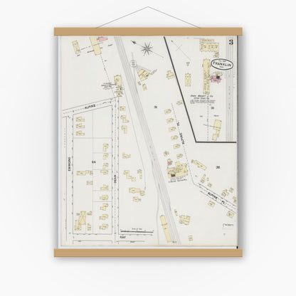 Old map wall art mockup — magnetic wood frame on white wall — Sanborn Fire Insurance Map from Franklin, Norfolk County, Massachusetts (1889), Sheet #0003