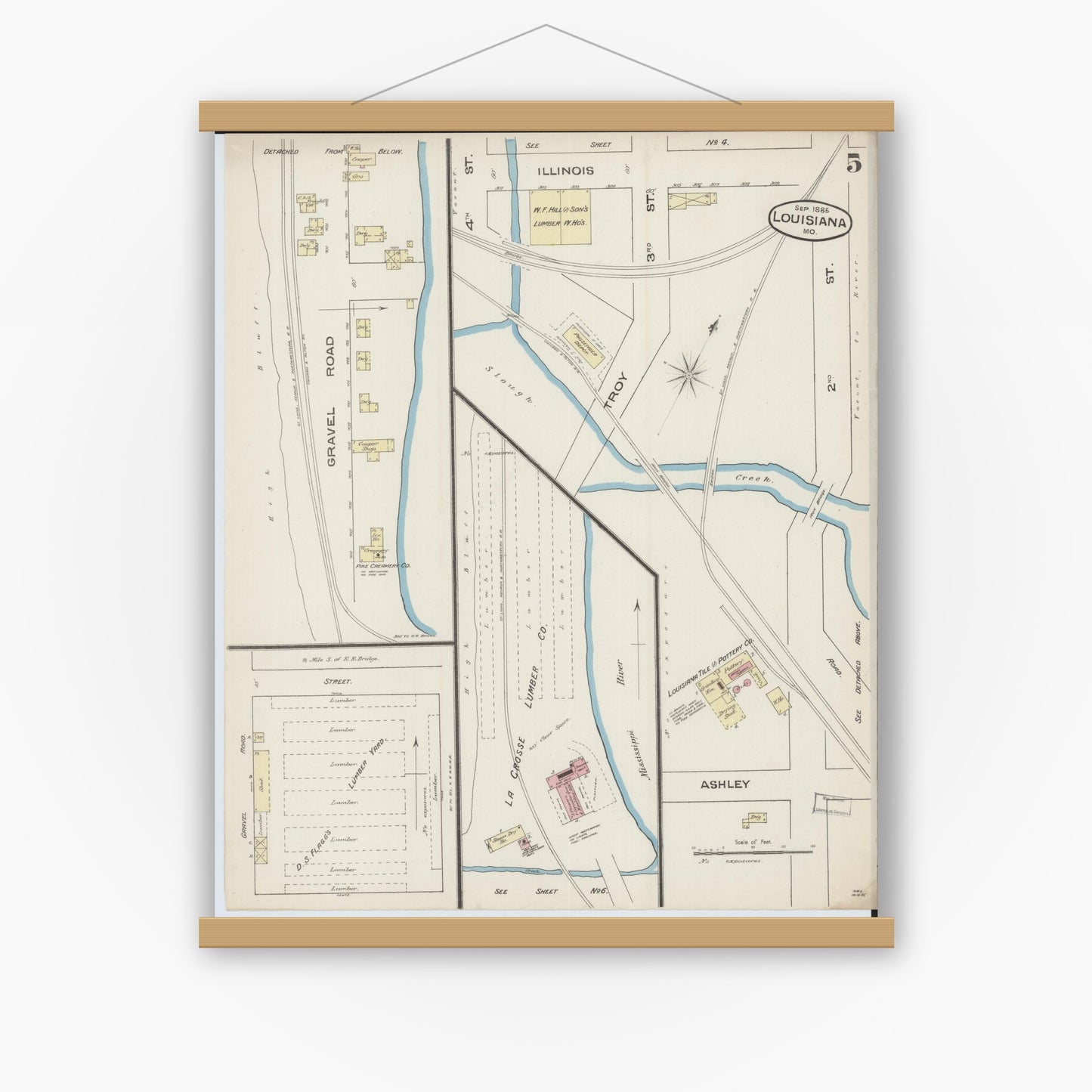 Old map wall art mockup — magnetic wood frame on white wall — Sanborn Fire Insurance Map from Louisiana, Pike County, Missouri (1885), Sheet #0005
