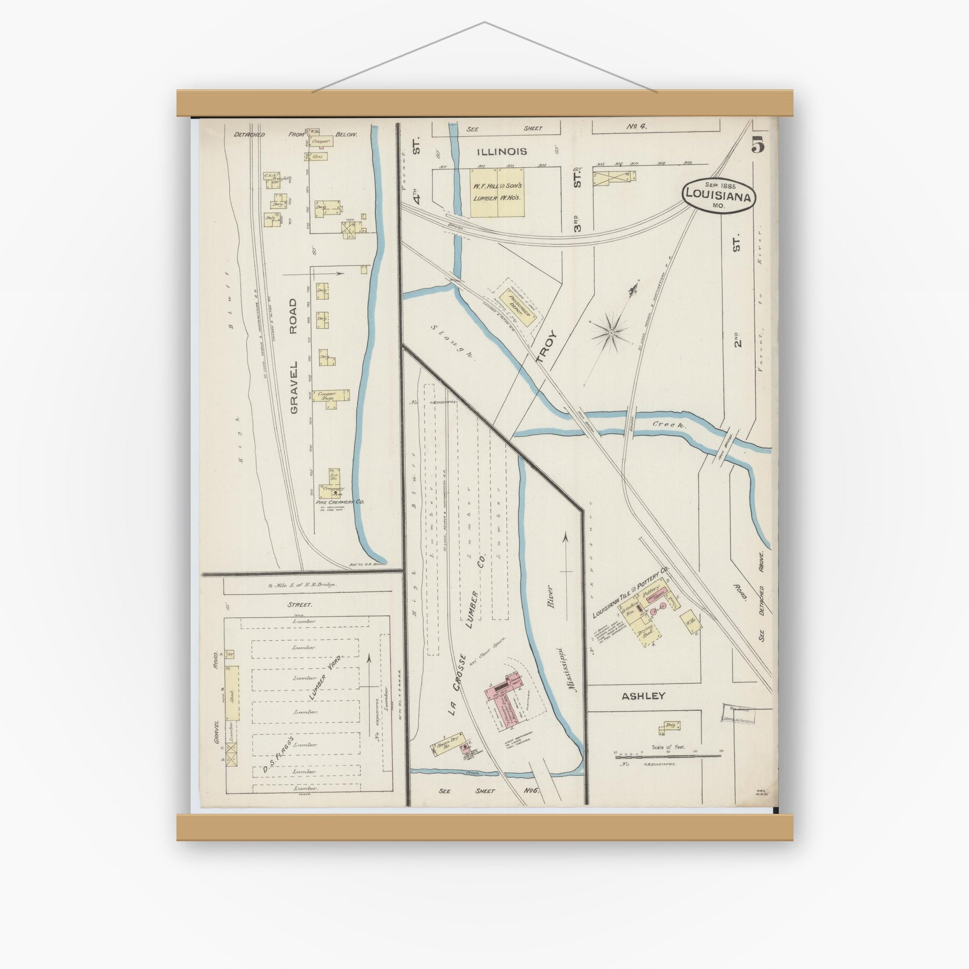 Old map wall art mockup — magnetic wood frame on white wall — Sanborn Fire Insurance Map from Louisiana, Pike County, Missouri (1885), Sheet #0005
