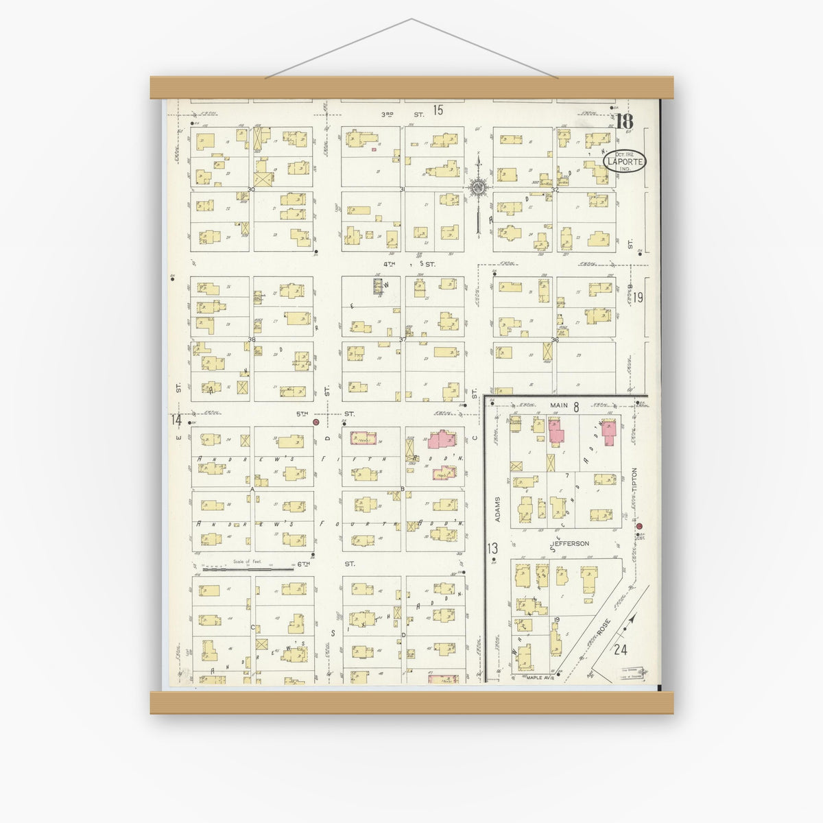 Old map wall art mockup — magnetic wood frame on white wall — Sanborn Fire Insurance Map from La Porte, La Porte County, Indiana (1912), Sheet #0018