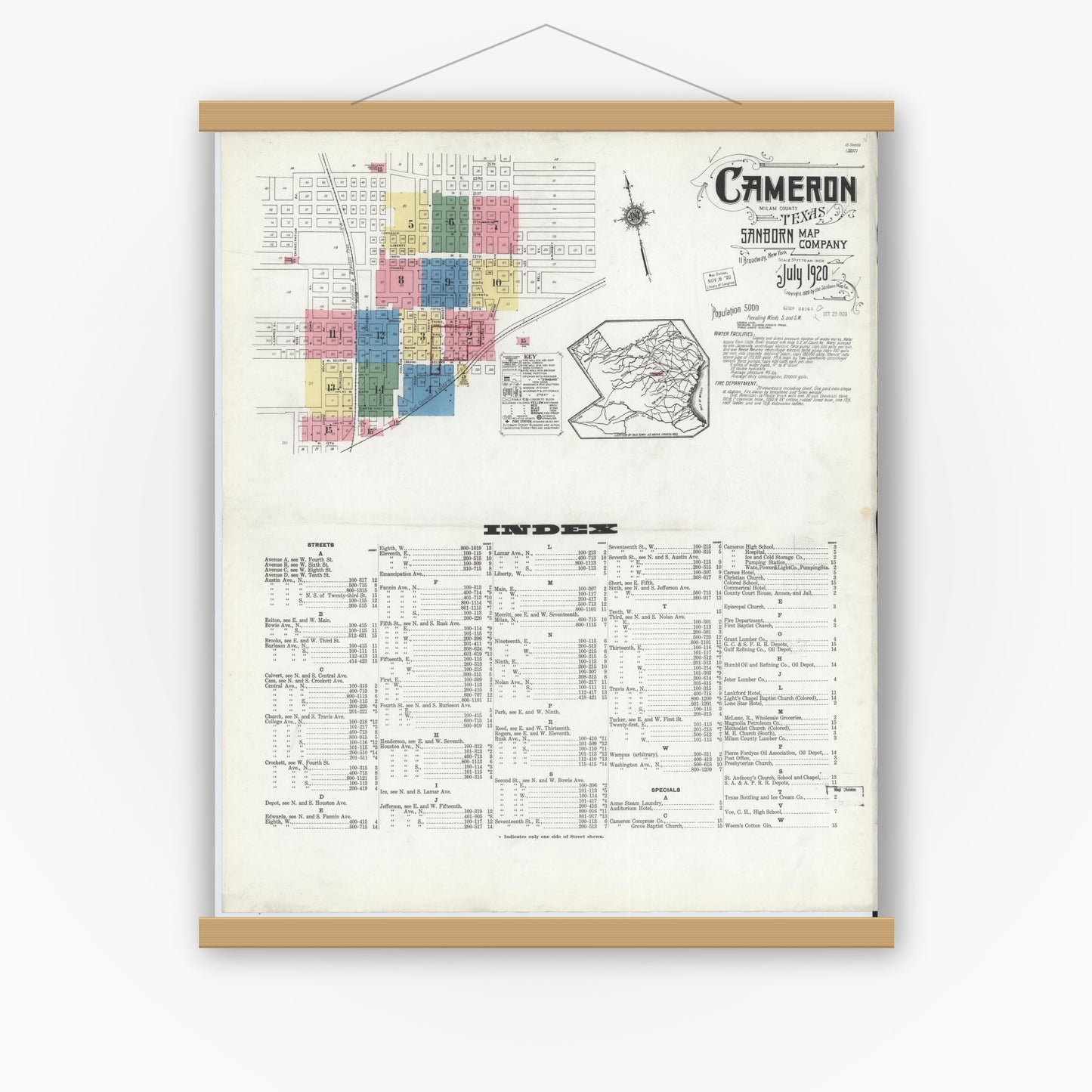 Old map wall art mockup — magnetic wood frame on white wall — Sanborn Fire Insurance Map from Cameron, Milam County, Texas (1920), Sheet #0001