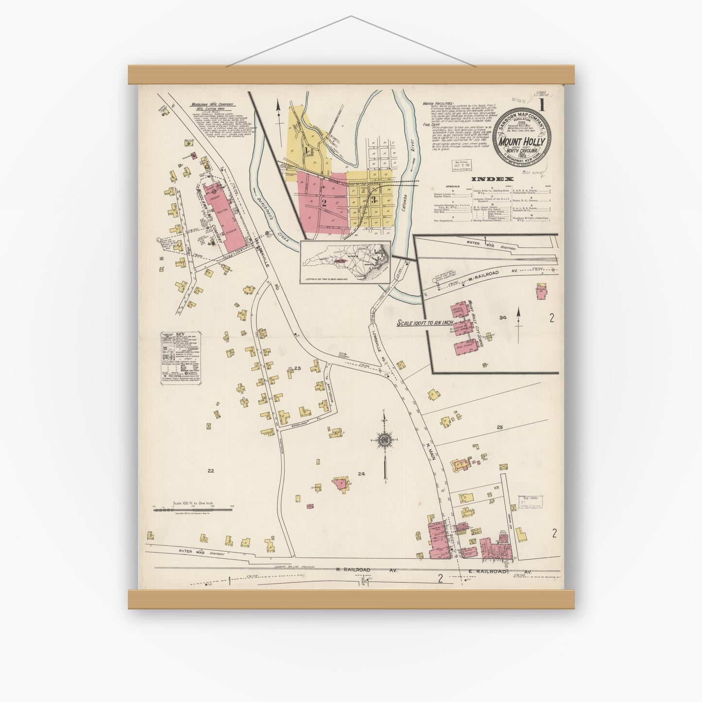 Old map wall art mockup — magnetic wood frame on white wall — Sanborn Fire Insurance Map from Mount Holly, Gaston County, North Carolina (1922), Sheet #0001