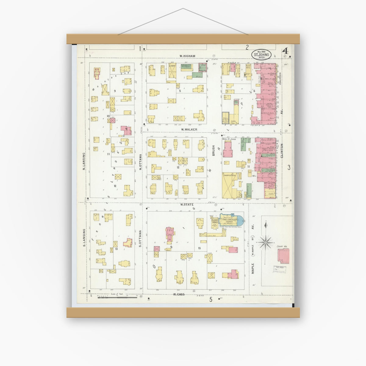 Old map wall art mockup — magnetic wood frame on white wall — Sanborn Fire Insurance Map from Saint Johns, Clinton County, Michigan (1900), Sheet #0004