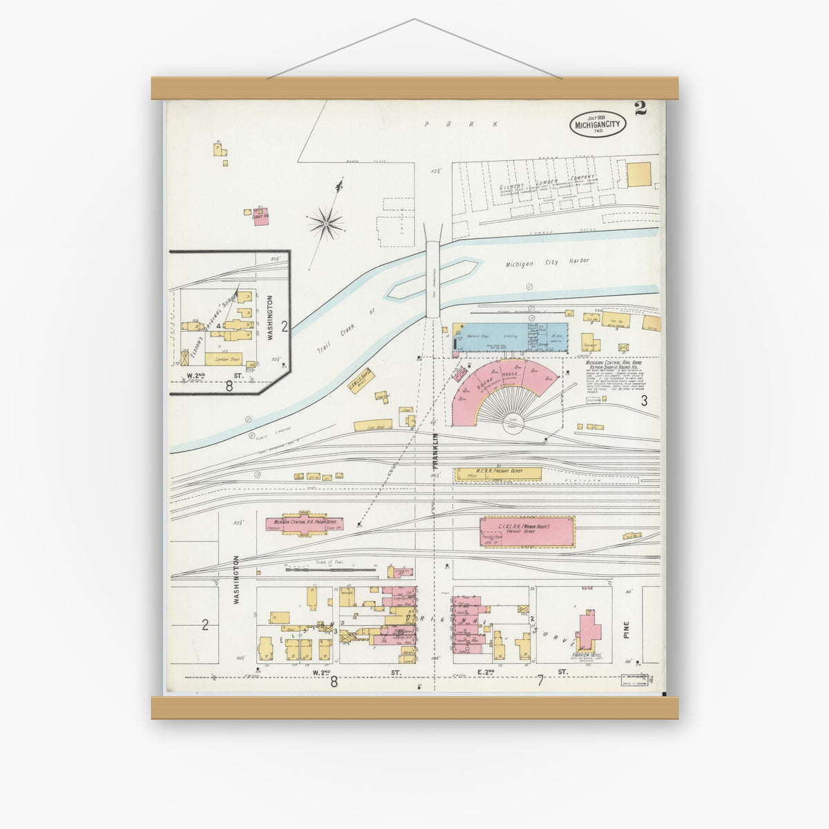Old map wall art mockup — magnetic wood frame on white wall — Sanborn Fire Insurance Map from Michigan City, La Porte County, Indiana (1899), Sheet #0002