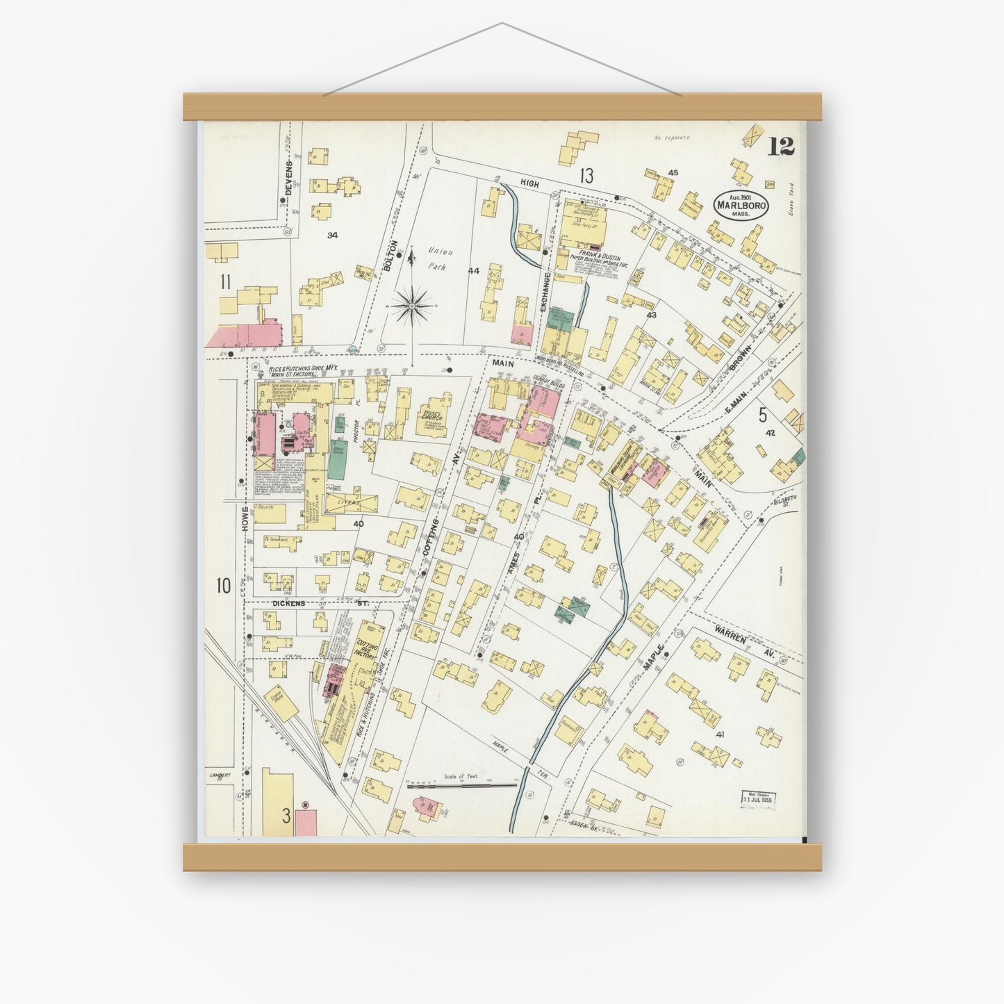 Old map wall art mockup — magnetic wood frame on white wall — Sanborn Fire Insurance Map from Marlborough, Middlesex County, Massachusetts (1901), Sheet #0012