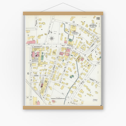 Old map wall art mockup — magnetic wood frame on white wall — Sanborn Fire Insurance Map from Marlborough, Middlesex County, Massachusetts (1901), Sheet #0012