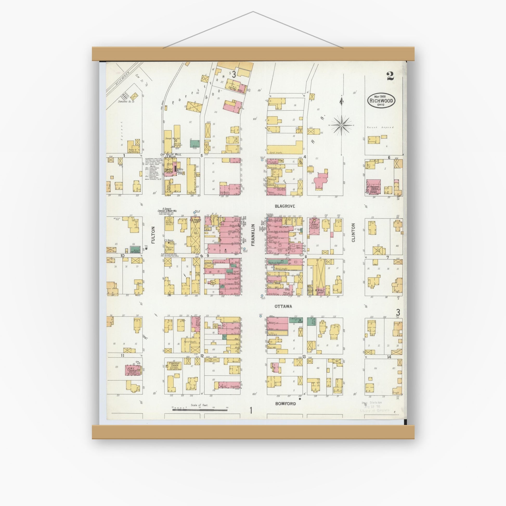 Old map wall art mockup — magnetic wood frame on white wall — Sanborn Fire Insurance Map from Richwood, Union County, Ohio (1900), Sheet #0002