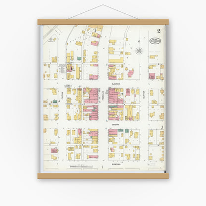 Old map wall art mockup — magnetic wood frame on white wall — Sanborn Fire Insurance Map from Richwood, Union County, Ohio (1900), Sheet #0002