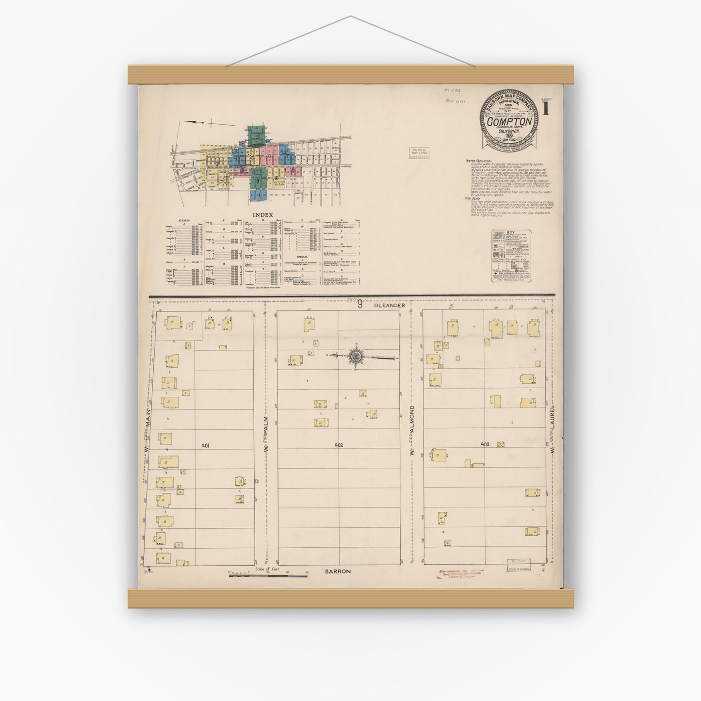 Old map wall art mockup — magnetic wood frame on white wall — Sanborn Fire Insurance Map from Compton, Los Angeles County, California (1922) - Complete Map Set