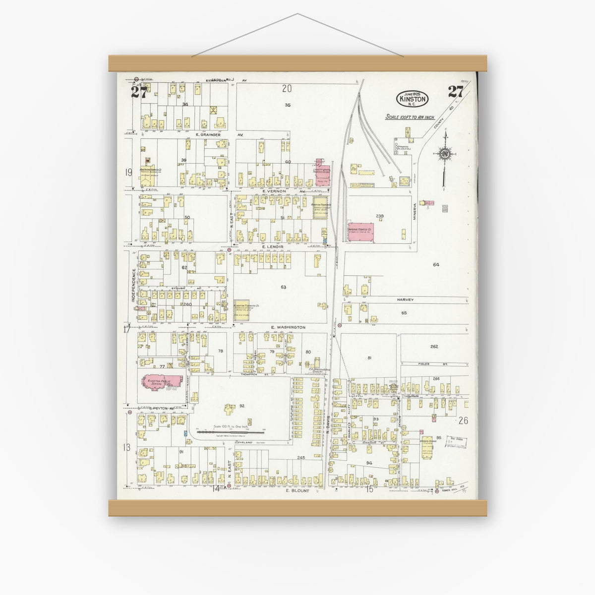 Old map wall art mockup — magnetic wood frame on white wall — Sanborn Fire Insurance Map from Kinston, Lenoir County, North Carolina (1925), Sheet #0027