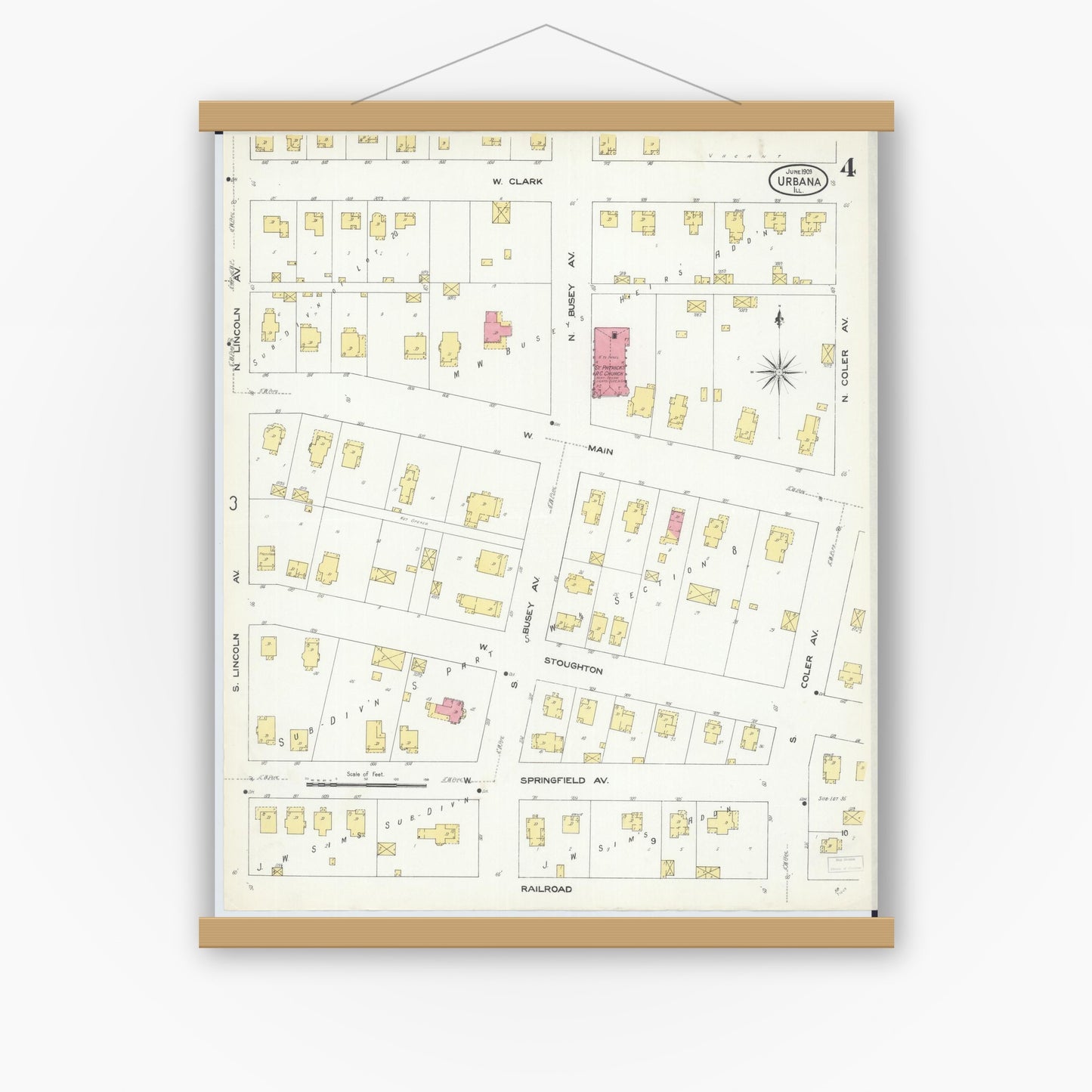 Old map wall art mockup — magnetic wood frame on white wall — Sanborn Fire Insurance Map from Urbana, Champaign County, Illinois (1909), Sheet #0004