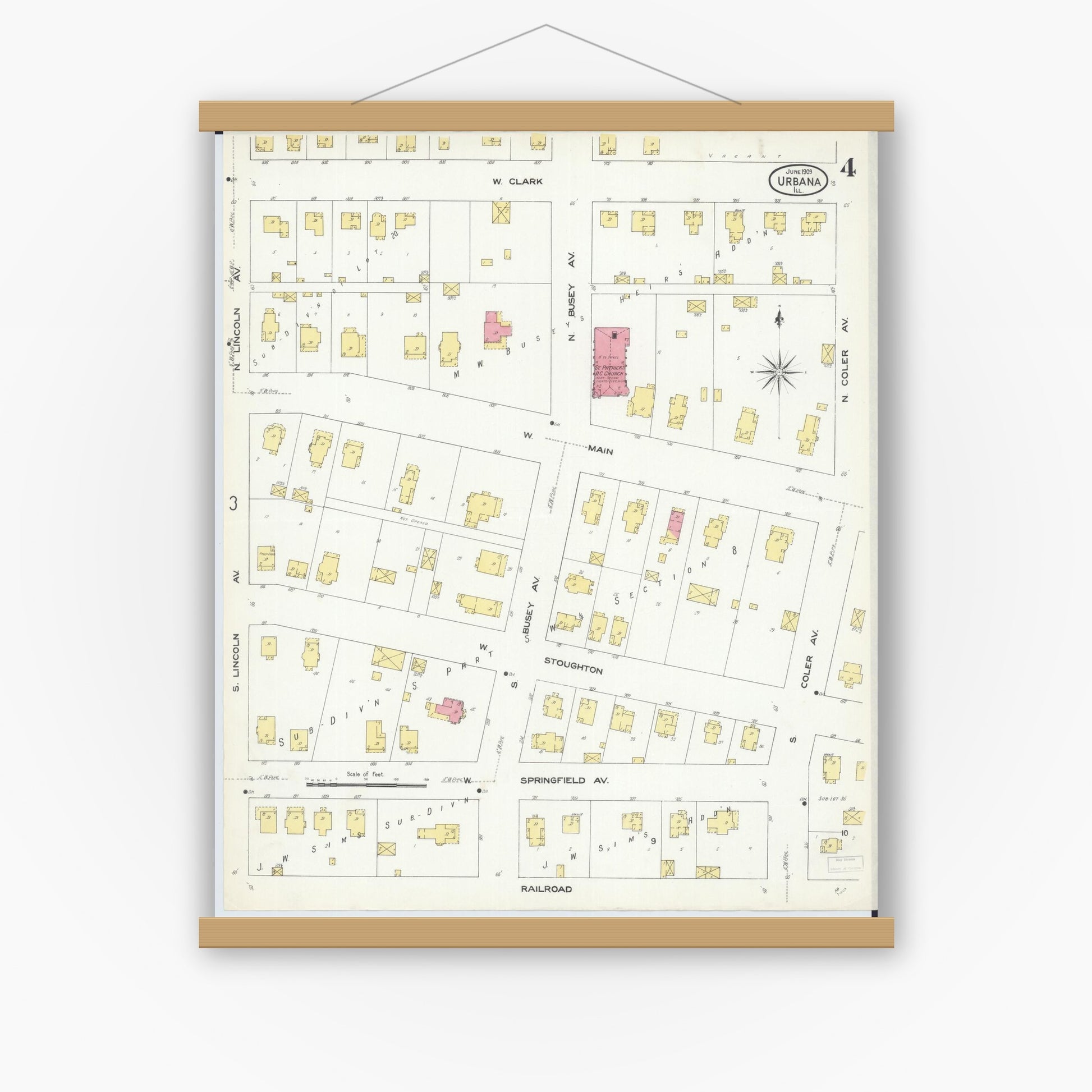 Old map wall art mockup — magnetic wood frame on white wall — Sanborn Fire Insurance Map from Urbana, Champaign County, Illinois (1909), Sheet #0004