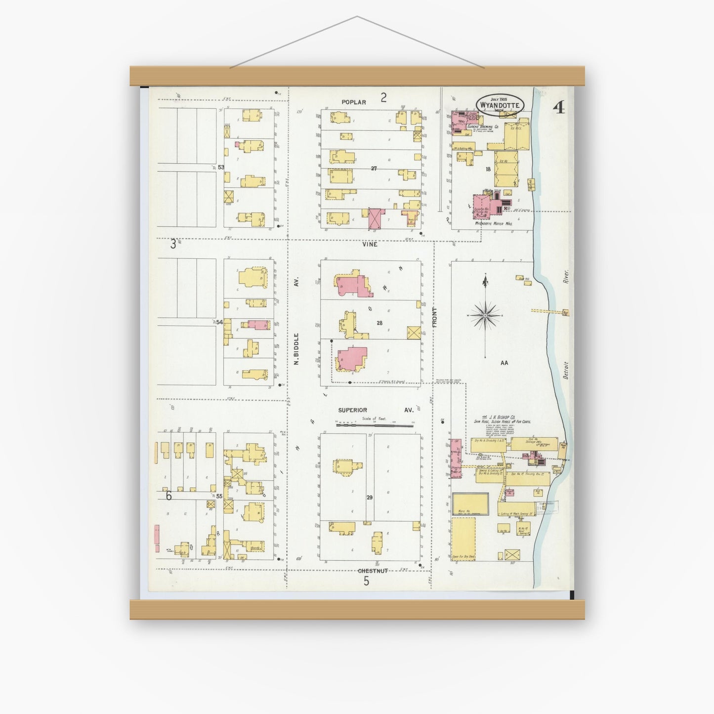 Old map wall art mockup — magnetic wood frame on white wall — Sanborn Fire Insurance Map from Wyandotte, Wayne County, Michigan (1900), Sheet #0004