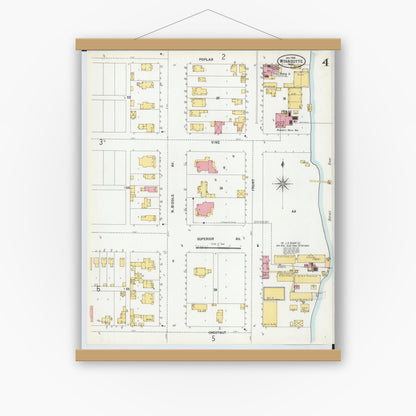 Old map wall art mockup — magnetic wood frame on white wall — Sanborn Fire Insurance Map from Wyandotte, Wayne County, Michigan (1900), Sheet #0004