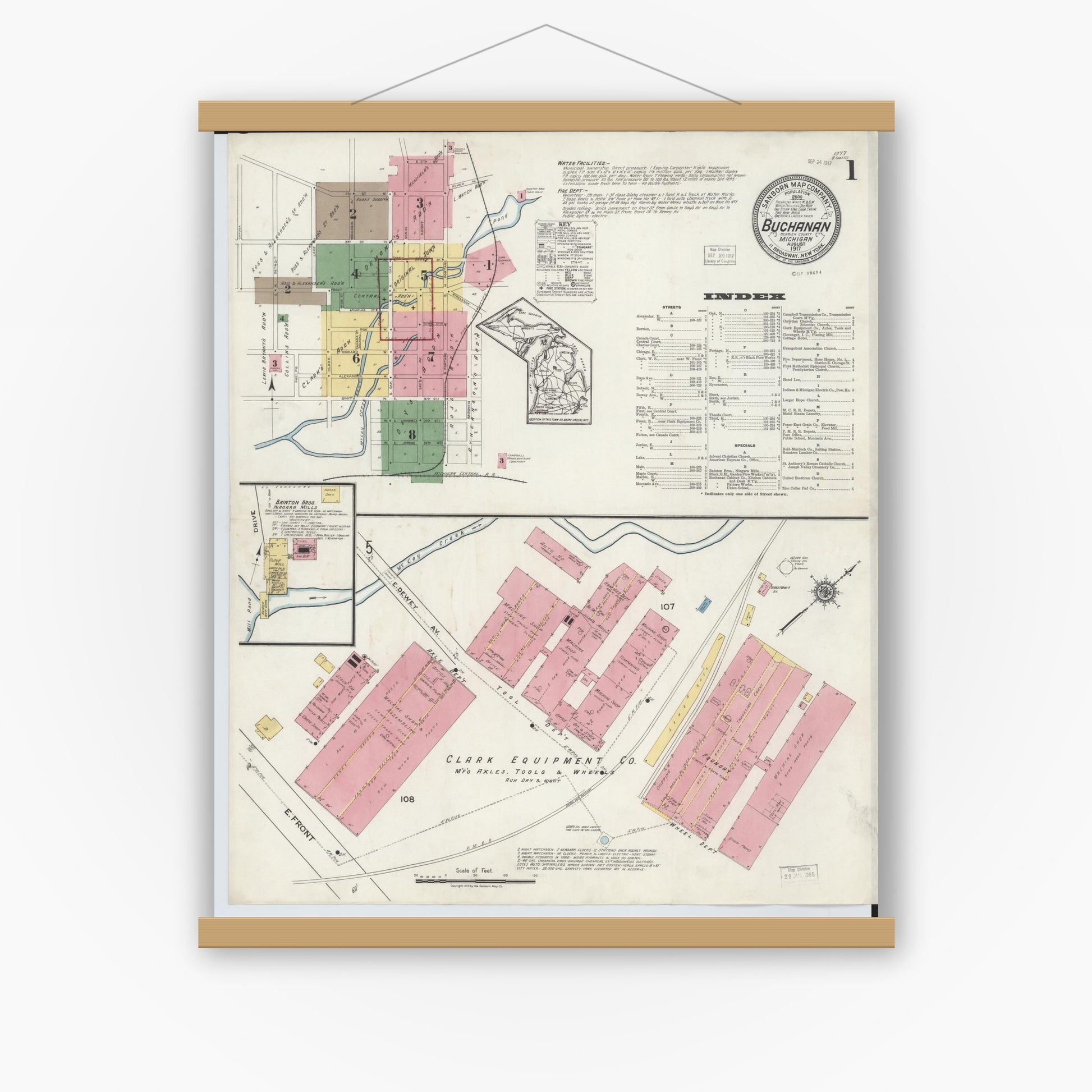 Old map wall art mockup — magnetic wood frame on white wall — Sanborn Fire Insurance Map from Buchanan, Berrien County, Michigan (1917), Sheet #0001