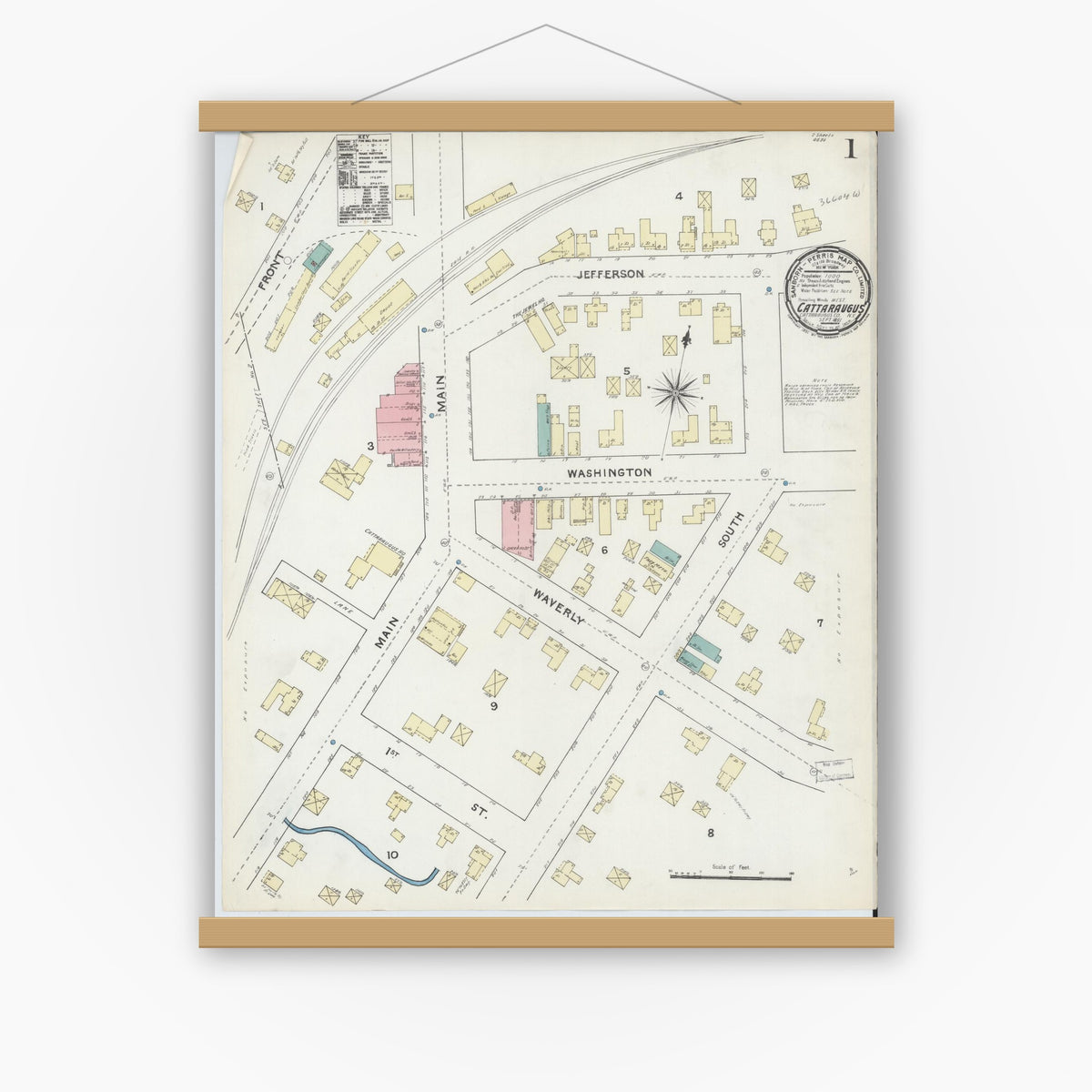 Old map wall art mockup — magnetic wood frame on white wall — Sanborn Fire Insurance Map from Cattaraugus, Cattaraugus County, New York (1891) - Complete Map Set