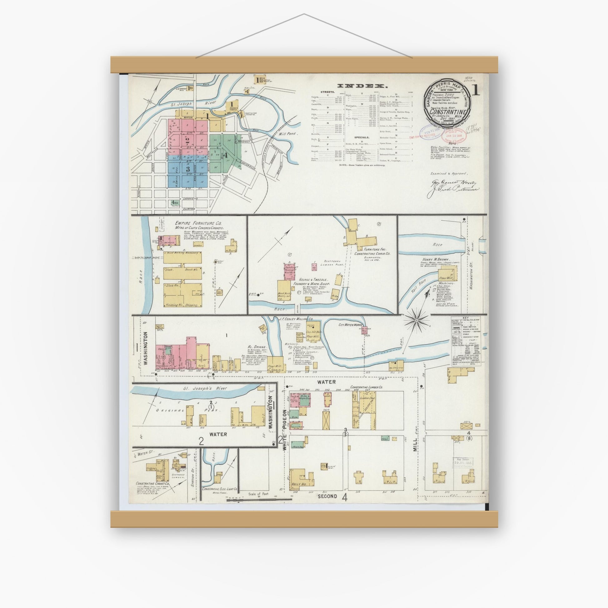 Old map wall art mockup — magnetic wood frame on white wall — Sanborn Fire Insurance Map from Constantine, Saint Joseph County, Michigan (1897), Sheet #0001