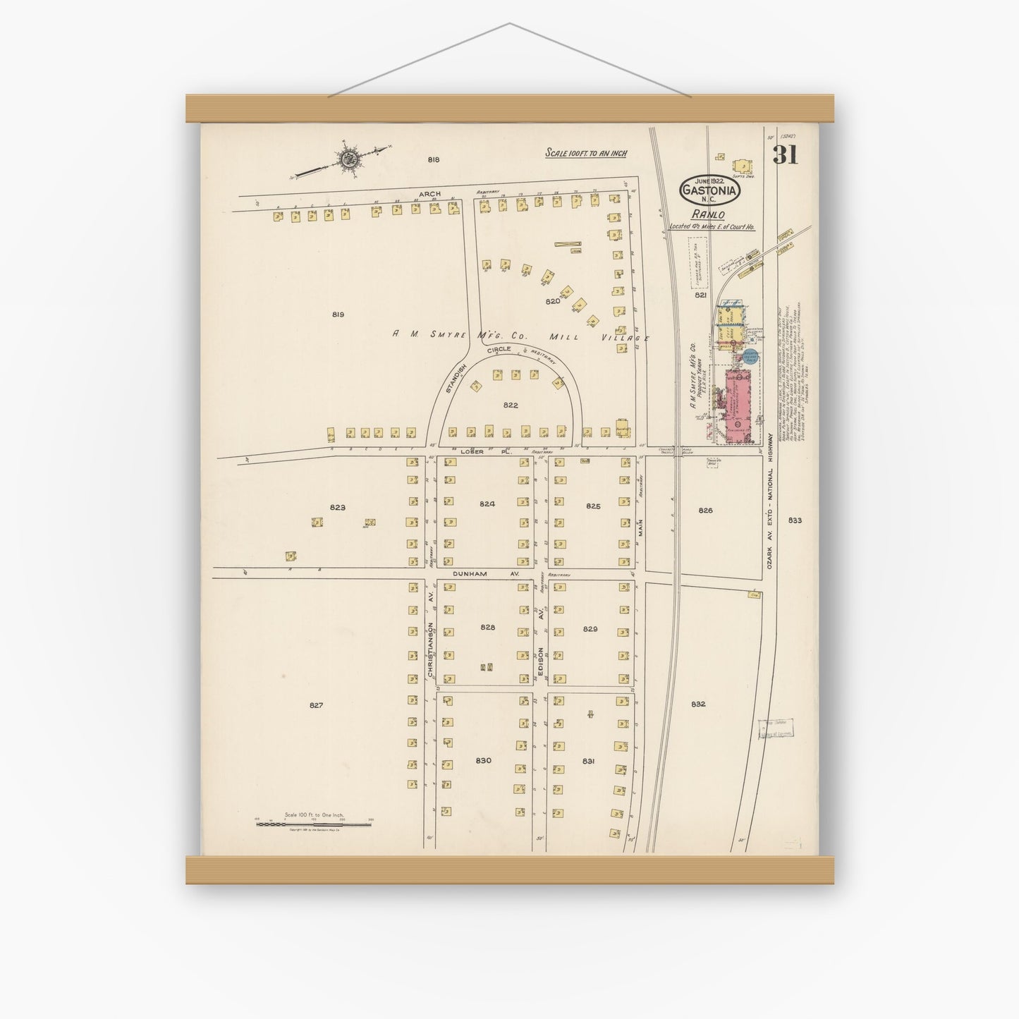 Old map wall art mockup — magnetic wood frame on white wall — Sanborn Fire Insurance Map from Gastonia, Gaston County, North Carolina (1922), Sheet #0031