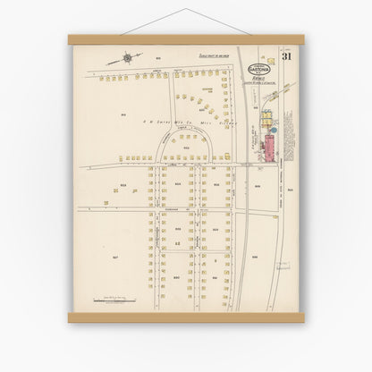 Old map wall art mockup — magnetic wood frame on white wall — Sanborn Fire Insurance Map from Gastonia, Gaston County, North Carolina (1922), Sheet #0031