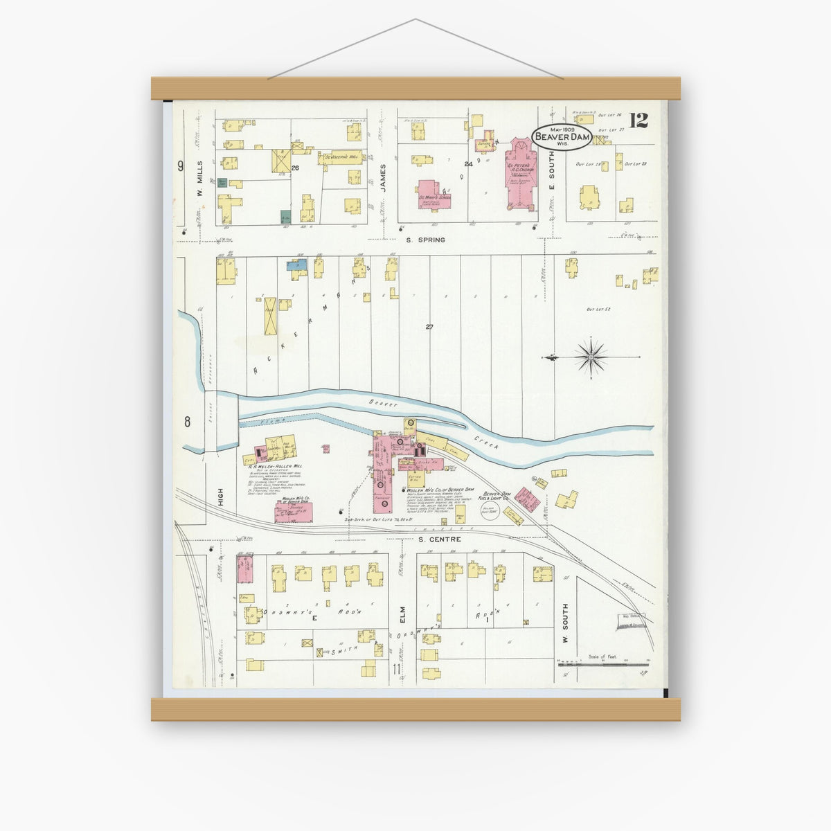 Old map wall art mockup — magnetic wood frame on white wall — Sanborn Fire Insurance Map from Beaver Dam, Dodge County, Wisconsin (1909), Sheet #0012