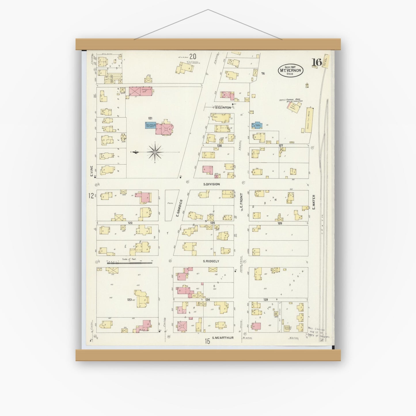 Old map wall art mockup — magnetic wood frame on white wall — Sanborn Fire Insurance Map from Mount Vernon, Knox County, Ohio (1907), Sheet #0016